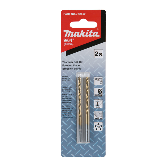 Brocas HSS-TIN para metal Makita D-64559 de 9/64 de pulgada, paquete de 2