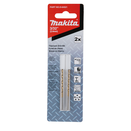Brocas HSS-TIN para metal Makita D-64521 de 3/32 x 2.1/4 pulgadas, paquete de 2